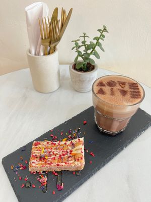 Hot Cacao Mocha and White chocolate Raspberry Blondie. Both Vegan - Gluten Free - Refined Sugar Free  at Love Live Light Healing Hub in Cardiff