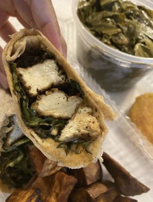 Inside jerk tofu wrap  at Majani in Chicago