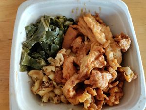 Oyster mushrooms, Mac and cheese, greens and sweet potatoes. All vegan. at Majani in Chicago