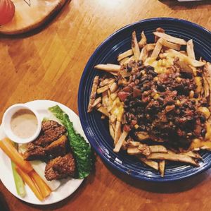 chickpea nuggets and chili cheese fries at Rosetta's Kitchen in Asheville