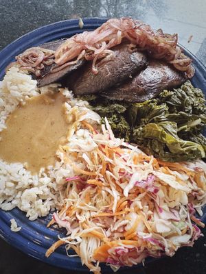 Portobello plate with kale, brown rice & gravy and side of cole slaw.  at Rosetta's Kitchen in Asheville