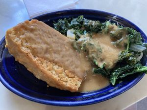 Corn bread with gravy and kale.  at Rosetta's Kitchen in Asheville