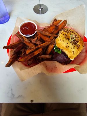 house burger with sweet  potatoe fries ($17) at Rosetta's Kitchen in Asheville