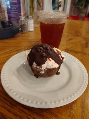 Strawberry cupcake! & Sweet tea, with rose sweetener. at Rosetta's Kitchen in Asheville