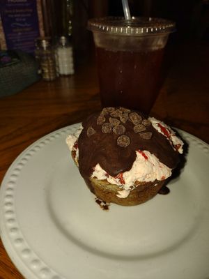 Strawberry cupcake! & Sweet tea, with rose sweetener at Rosetta's Kitchen in Asheville