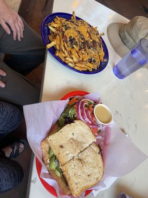 Chili cheeze fries and the tofu avocado sandwich. Delicious !  at Rosetta's Kitchen in Asheville