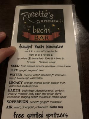 Kombucha flight menu at Rosetta's Kitchen in Asheville