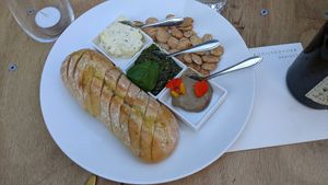 Bread and dips (black garlic, pesto, and shallot butter) at Konijnenvoer in Arnhem