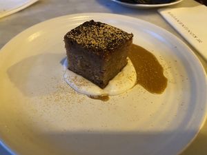 Dessert: sticky toffee cake. Very tasty with a nutty date cake, soy mascarpone and real gold on top.  at Konijnenvoer in Arnhem
