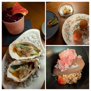 'oyster ' and a very nice cocktail. Complimentary starter and the dessert at the end. One more sweet taste would have rounded out dinner nicely. at Konijnenvoer in Arnhem