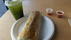 Aqua Fresca and a loaded burrito. Salsa from the fresh self service salsa area at Rojos Mexican Food in Seattle