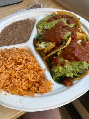 3 different kinds of tacos and delicious rice and beans at Rojos Mexican Food in Seattle