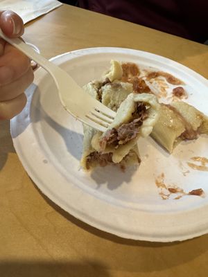 Inside the tamales (carnitas and beans/cheese)  at Rojos Mexican Food in Seattle