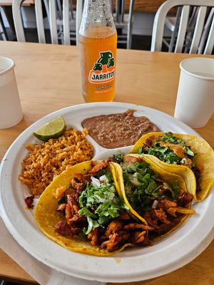 Taco platter with rice and beans at Rojos Mexican Food in Seattle