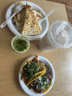 Quesadilla, tacos, guacamole, and horchata  at Rojos Mexican Food in Seattle