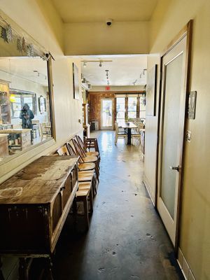 View from the restroom of the exit/front door   at Humble Bee Cafe in Northridge