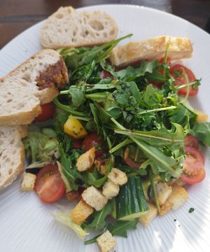 Salad with baguette. added balsamic vinegar instead of the (possibly non-vegan) dressing at Braugasthaus Zum Alten Fritz in Rostock