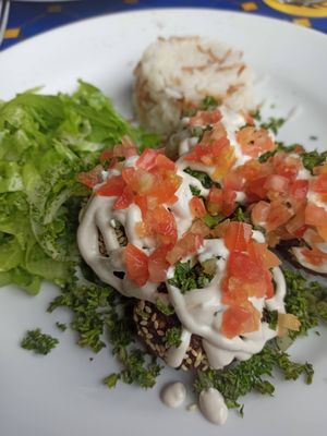Falafel with salad and rice , hommus and babaganoush at FAQRA in San Jose