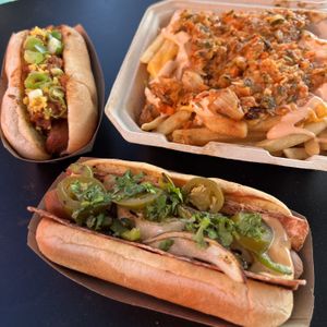 chili cheese dog, danger dog, and kimchi fries  at Underdog in San Diego