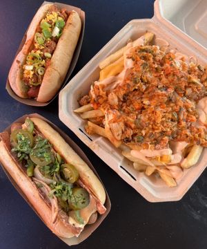 chili cheese dog, danger dog, and kimchi fries  at Underdog in San Diego