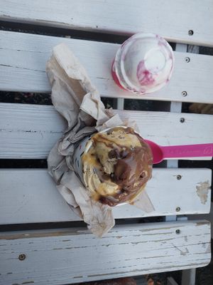 Caramel ice cream,  chocolate brownie, the berry swirl cream tiny cup, 😋 💖 vegan at Ice Cream Social in White Plains