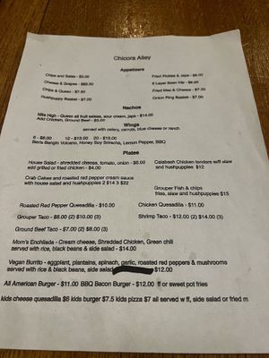 Menu  at Chicora Alley in Greenville