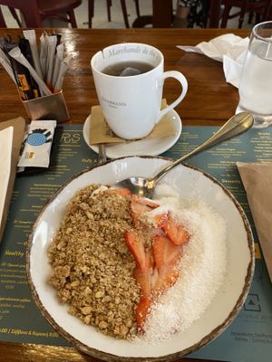 Coconut yoghurt with strawberries and granola   at The Brunchers in Athens