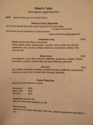 Menu at Kwanjai Thai food in Pai