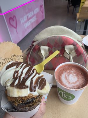 Ice cream cake and pink latte  at YumYum in Manchester