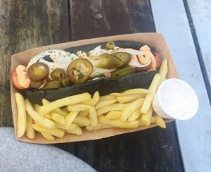 Pickle Dawg with fries (added extra Jalapeño and garlic mayo dip) at PANC Foods in Manchester