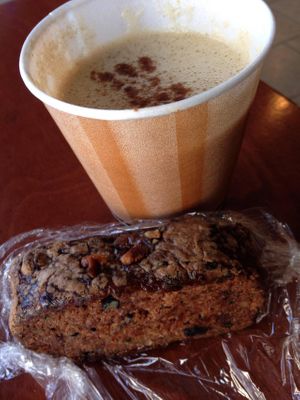 Flax almond latte and zucchini vegan bread at Flaxella in Bethesda