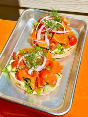 Carrot ‘lox’ with sorrel, cuke’s, tomato, capers, tofu-cashew cream, shaved onion & dill at Slapped Woodfired Pizza - Pop Up in Minturn