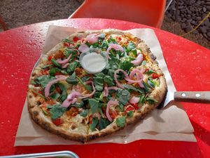 She Fancy with spinach instead of arugula at Slapped Woodfired Pizza - Pop Up in Minturn