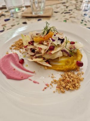 Charred radicchio, delica velouté, fresh orange,
pomegranate molasses and yoghurt salsa, cinnamon crumble, dill oil at The Cooking Flea Supper Club in Bristol