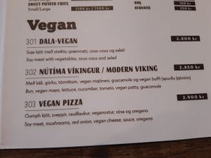 Vegan menu options at Dalakot in Budjardalur