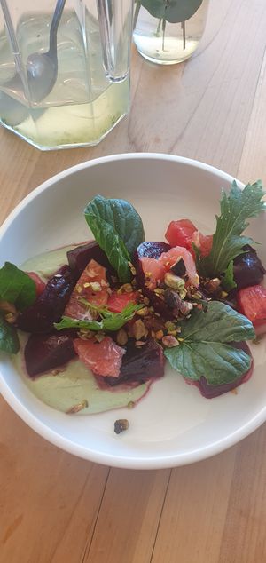 Ensalada de betabel con toronja y sandía at Parcela Restaurante in Tepoztlan