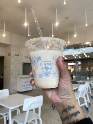Super Bummed No More Vegan Shakes - Not Enough Requests for Them 😭 No Tiene Leche Vegetal But They Did Have Aguas Frescas - Vegan Friendly Horchata (Sin Lactose)  at Churreria El Moro - Oceania in Mexico City