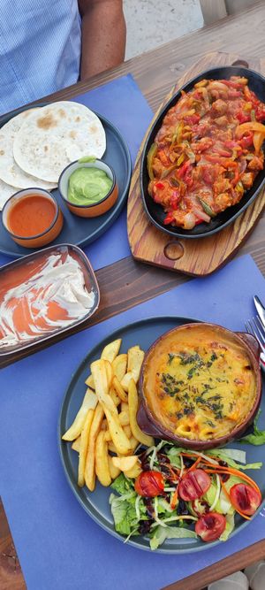 Vegan fajitas and vegan pastitio at SeaSide Restaurant in Zakynthos