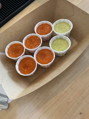 Muy and tomatillo sauces  at Tacotarian in San Diego