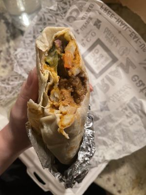 cali burrito with beyond crumbles   at Tacotarian in San Diego