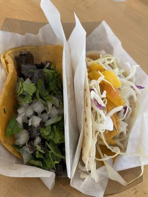 Mushroom and fish tacos   at Tacotarian in San Diego
