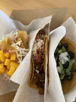 Fish, chorizo and mushroom tacos   at Tacotarian in San Diego
