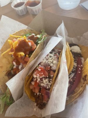 Aquí tenemos, mashed potato, soyrizo, & plantain y mole tacos. ¡Todos deliciosos!  at Tacotarian in San Diego