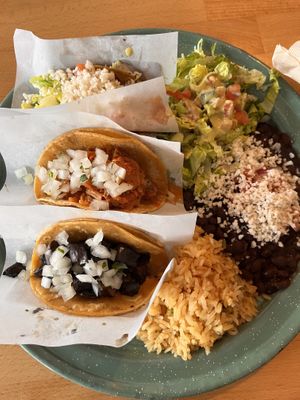 Taco platter-top rice & beans, middle Barbacoa, bottom mushroom asada  at Tacotarian in San Diego