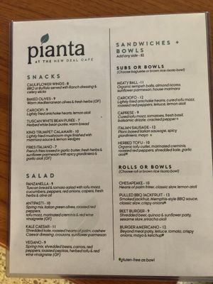 Menu front  at Pianta at the New Deal Cafe in Greenbelt