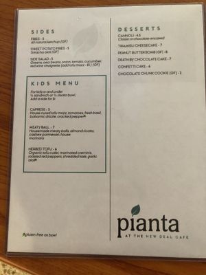 Menu back at Pianta at the New Deal Cafe in Greenbelt