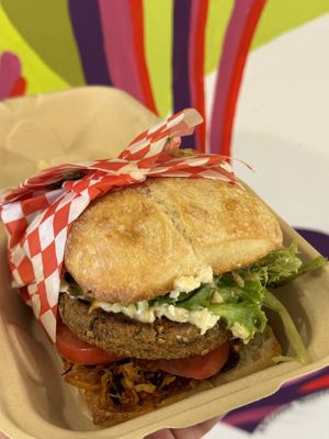 This plant-based vegan burger did not disappoint. All the savory flavors and textures were there. I loved the coconut bacon and the ciabatta roll topped it:  at Plant Based Paradise - Kaimuki in Honolulu