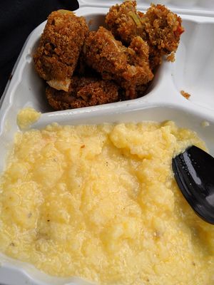 Grits- delicious! And the "sausages" made from quinoa, a very interesting take and very flavorful! at Sweet and Natural in Mount Rainier