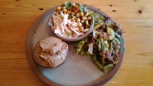 Salad and dip. at Willow Vegetarian Garden Restaurant in Totnes
