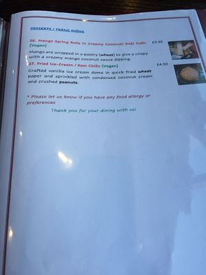 menu at Sen Viet Vegan in Edinburgh